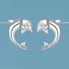 Pendientes de Delfín con Aguja de Plata S925 para Mujer Diseño de Delfín Corazón Estéreo Natural con Piedra Preciosa Incrustada Pendientes Felices de Animales Pequeños