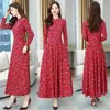 Nuevo Vestido Rojo Floral de Manga Larga con Bolsillos de Botón para Mujer, Temporada de Primavera, Suave, Ceñido a la Cintura, Oculta el Vientre, Elegante, Falda Larga con Dobladillo Amplio