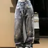 Jeans auténticos de mezclilla lavada de alta resistencia estilo retro americano para hombre, pierna ancha recta holgada, talla grande, pantalones casuales de largo hasta el suelo