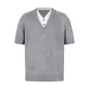 Camiseta Tricô Manga Curta Gola V Estilo Americano Falsa Duas Peças para Homens, Verão Casual Street Style Cor Ins Color-Blocking Pulôver