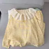 Pijama doble largo de encaje de algodón nube a cuadros amarillos, conjunto fino y amigable con la piel para casa para mujer en primavera y otoño