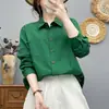 Camisa feminina de algodão puro, manga longa, corte solto, com colarinho dobrável, versátil e emagrecedora, camisa retrô artística