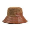 Otoño e Invierno Nuevo Sombrero de Cubo de Pana con Parche de Cuero PU para Mujer Estilo Coreano Cálido Sombrero para el Sol Moderno Ala Grande