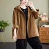 Foto real de chaqueta con capucha nueva para mujer, top de principios de otoño para mujer, algodón patchwork casual retro suelto caqui, ropa para mujer