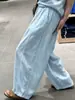 Pantalones Anchos Color Azul Claro Tipo Globo para Mujer, Verano 2026 Nuevos Simples Casuales Petite de Tencel Algodón Lino Pantalones Curvos