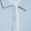2026 Suéter de Punto Ligero para Mujer, Estilo Europeo y Americano, Moda Verano, Manga Corta, Cuello Solapa, con Adorno de Encaje de Color Contrastante, Chaqueta Fina