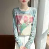 Camiseta básica estampada transfronteriza para mujer, camiseta de manga larga, holgada y favorecedora, tejido ligero de Lyocell, cuello redondo, versátil para primavera y verano