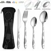 Set de cubiertos de acero inoxidable de tres piezas para Amazon, que incluye cuchillo para bistec, tenedor y cuchara, en una bolsa de tela creativa, adecuado para estudiantes y uso al aire libre