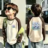 Camiseta Térmica de Forro Polar para Niños Otoño Invierno Niños Elegante Dibujos Animados Cuello Redondo Cálida Manga Larga para Niños Medianos y Mayores Mangas Raglán