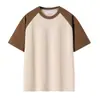 Camiseta de manga corta de algodón de doble hilo 32 de peso pesado americano 280 g para hombre y mujer, manga raglán, color de contraste, holgada, media manga
