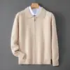 Nuevo cárdigan de punto 100% lana para Otoño e Invierno, chaqueta con cremallera para hombre, suéter de lana de color liso con cuello POLO, top casual