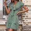Amazon Exclusivo Transfronteiriço Verão Novo Europeu e Americano Estampado Saia Bolo Cintura Laço Verde Decote V Vestido