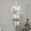 2026 Foto Real Lyocell Relaxado Padrão Floco de Neve Decote V Solto Simples Manga Curta Camiseta Top