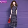 Vestido azul estampado Feimengyi para mujer, de manga corta, estilo étnico vintage de verano, moderno, con cuello redondo, vestido adelgazante