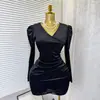 Elegante Vestido de Terciopelo con Cuello en V y Manga Larga para Mujer, Estilo Primavera y Otoño, Diseño Cruzado en la Cintura, Elástico, Adelgazante, Vestido Corto Bodycon