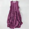 Vestido Casual de Algodão Puro com Estampa Digital Nova, Gola Redonda, Sem Mangas, Comprimento Médio, Para Mulheres, Verão na Praia
