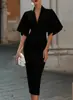 Vestido Midi Bodycon Elegante de Gola V com Manga Flare Slim Fit para Roupas Femininas Transfronteiriças Europeias e Americanas 2026