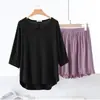Algodón Transpirable Holgado Casual Ropa de Casa Verano Delgado Talla Grande Mangas de Murciélago Holgadas para Mujer Cuello en V Shorts Conjunto de Dos Piezas