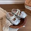 Zapatos de Princesa para Niñas Estilo Coreano Zapatos Pequeños de Cuero Plateados 2026 Verano Malla de Perlas Lazo Zapatos Planos para Niñas