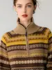 Suéter jacquard Fair Isle 100% cachemira pura con media cremallera para mujer, cuello clásico vuelto, tejido de bloques de color, nuevo estilo otoño e invierno