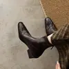 Botas de moda finas acima do joelho para mulheres, outono e inverno, salto alto grosso, sola silenciosa, estilo francês, zíper traseiro, botins curtos pontudos de couro genuíno