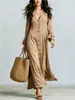 Vestido casual largo tipo cárdigan de estilo europeo y americano, cuello en V, manga larga, para otoño e invierno, de algodón y lino para mujer, corte holgado, estilo vacacional