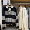 Suéter Casual Feminino Japonês de Algodão Liso com Gola Polo Listrado Tricot V-Neck Colorblock Suéter Top 476973
