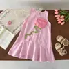 Vestido de Verão Novo Estilo Coreano para Meninas, Sem Mangas, Cor Sólida, Vestido Cauda de Peixe com Flor de Rosa Fofa, Vestido de Princesa, Transfronteiriço