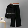 Traje de Moda con Cuello Polo Transfronterizo para Mujer Otoño e Invierno Nuevo Suéter con Cinturón Cárdigan Top Pantalones de Pierna Ancha de Cintura Alta Conjunto de Dos Piezas