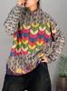 Suéter de Punto Pulóver Cálido para Mujer de Terciopelo de Visón Estampado Rayas Arcoíris Retro de Cuello Medio Alto Nuevo Otoño e Invierno 2025