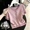 Camiseta de punto de seda helada chic estilo francés para mujer, cuello redondo, botones dorados, para verano 2026, top único