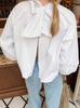 Verano 2025 Francés Commuter Blanco Cuello Redondo Manga Abullonada Top para Mujer Suelto Chic Espalda Descubierta Camisa con Cordones Ropa de Mujer