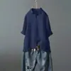 Blusa cardigã de manga curta em algodão e linho plus size para o verão com design liso, gola polo de renda, leve e confortável para mulheres