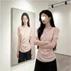 Camiseta Retro Americana de Hombros Caídos con Cuello Asimétrico y Mangas Largas para Mujer, Diseño de Nicho para Primavera y Otoño, Ajustada a la Cintura, Top Básico Estilo 'Hot Girl'