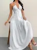 Vestido de verano europeo y americano transfronterizo, con escote halter en V profundo, elegante y sexy con detalles de corbata, perfecto para vacaciones y salidas a la playa.