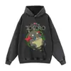 Sudadera con capucha lavada y desgastada estampada anime retro floral negra extragrande hombros caídos sudadera de pullover moderna