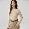 26 Outono Inverno Novo Suéter Feminino Gola Alta 100% Caxemira Cor Sólida Canelado Slim Fit Tricô Manga Longa Camada Base de Caxemira