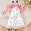 Conjunto de Petos para Bebé con Mameluco de Manga Acampanada Acanalada y Pantalones Cortos de Peto Estampados Dos Piezas Atractivo Atuendo Dopamina para Niñas