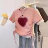 Camiseta de Manga Curta Feminina Verão Nova Estilo Coreano Rosa Ombro Menina Quente Slim Fit Cordão Senso de Design Estampada Gola Redonda Top Tendência