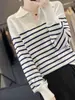 Manga de farol, Cuello camisero, Rayas, Doble capa de lana fina, Camisa versátil para mujer de primavera y otoño, Manga larga simple y elegante
