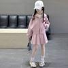 Conjunto para Meninas Primavera e Outono 2025 Novo Moletom Infantil Estilo Ocidental Casaco Infantil Moletom Estilo College Saia Plissada Tendência