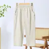 Calça Cropped Lavada de Algodão Elástico de Cintura Alta para Mulheres de Meia-Idade e Idosas, Estilo Fino, Nova Calça Casual de Verão 2026 para Mães Jovens
