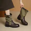 Botas de montar de lona retro de moda hasta la mitad de la pantorrilla para mujer, nueva colección otoño 2026, suela fina, tacón grueso, punta redonda, botines estilo workwear