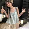 Camisola Juvenil Trendy Fruncida sin Mangas con Cuello Cuadrado, Top Babydoll Adelgazante Versátil sin Mangas para Mujer