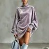 Sudadera nueva para mujer de estilo europeo y americano de cuello alto con superposición de terciopelo dorado, estilo murciélago holgado, disponible en la estación independiente de Amazon