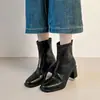 Botas elásticas finas de salto alto com bico quadrado para mulheres petite, estilo retrô francês de salto baixo com zíper nas costas, botas de combate da moda com salto alto grosso