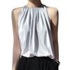Camisola de satén de verano para mujer, cuello holgado, seda morera, base de punto, camiseta sin mangas