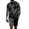 Traje de Verano Estampado Geométrico para Hombre Camiseta de Malla + Shorts Conjunto de Dos Piezas para Hombre Manga Corta Deportivo Ligero