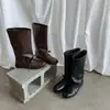 Botas de Encaje Estilo Coreano hasta la Mitad de la Pantorrilla para Mujer, Botas de Caballero Casuales, Nuevo Estilo Otoño e Invierno Piel de Vaca Punta Cuadrada Tacón Medio Botines, Botas Individuales de Caña Ancha para Mujer