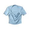 Camiseta ajustada de manga corta con cuello barco para mujer, verano 2023, nuevo estilo europeo y americano, color sólido, elástica, corte entallado, top corto